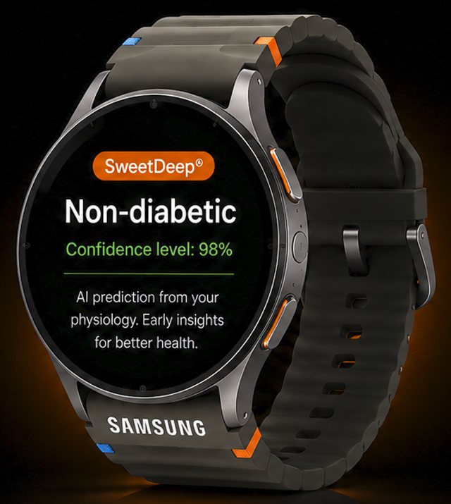 SweetDeep on a Samsung Galaxy Watch showing a non-diabetic screening result